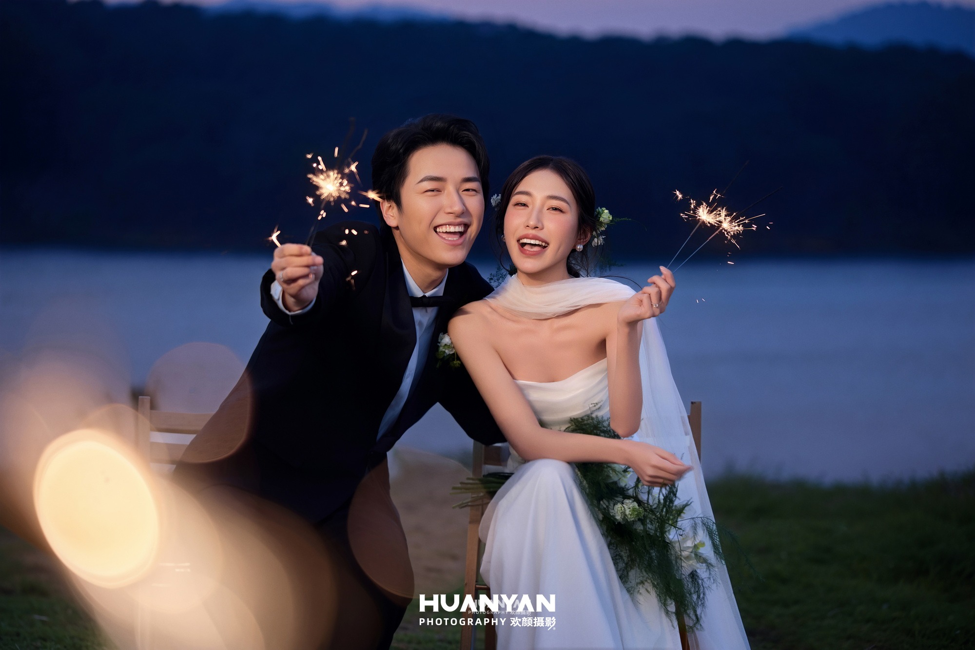 湖畔江景清新自然婚纱照实拍（湖蓝暮色系列）